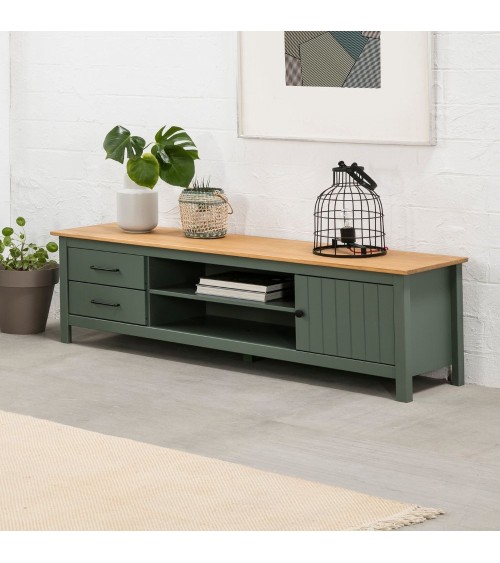 Mobile porta tv Miranda con 1 anta 2 cassetti e 2 vani a giorno in legno massiccio colore verde e top pino