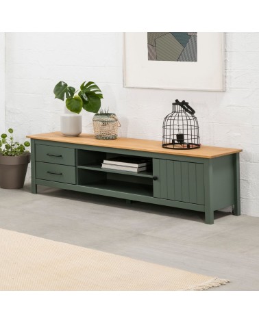 Mobile porta tv Miranda con 1 anta 2 cassetti e 2 vani a giorno in legno massiccio colore verde e top pino