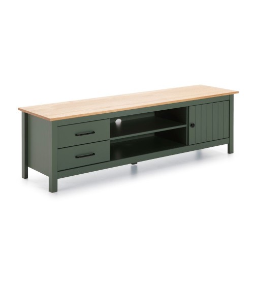 Mobile porta tv Miranda con 1 anta 2 cassetti e 2 vani a giorno in legno massiccio colore verde e top pino