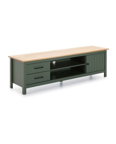 Mobile porta tv Miranda con 1 anta 2 cassetti e 2 vani a giorno in legno massiccio colore verde e top pino