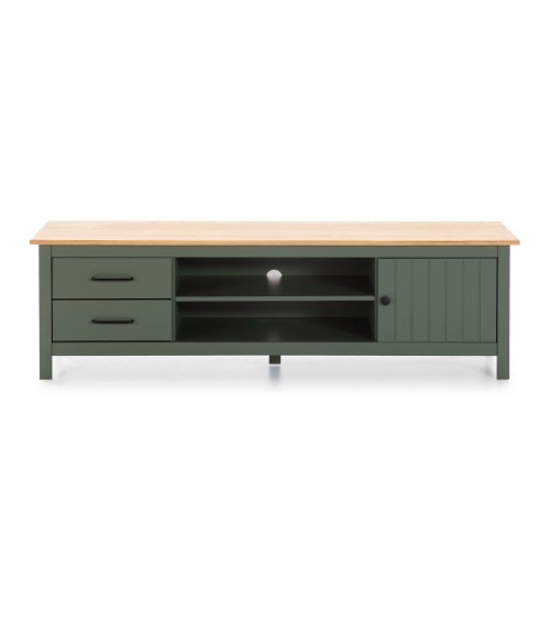 Mobile porta tv Miranda con 1 anta 2 cassetti e 2 vani a giorno in legno massiccio colore verde e top pino