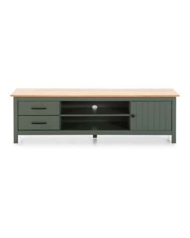 Mobile porta tv Miranda con 1 anta 2 cassetti e 2 vani a giorno in legno massiccio colore verde e top pino