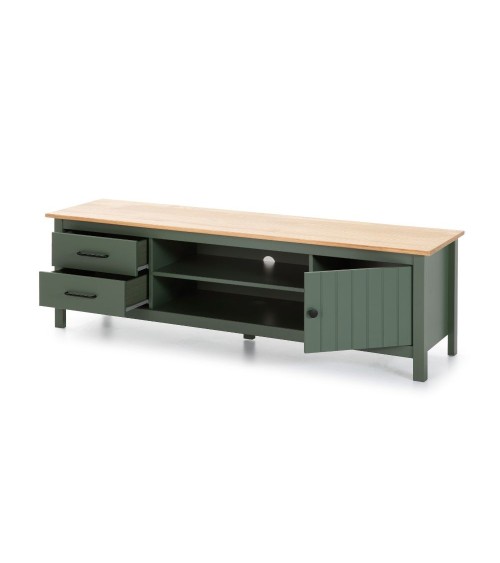 Mobile porta tv Miranda con 1 anta 2 cassetti e 2 vani a giorno in legno massiccio colore verde e top pino
