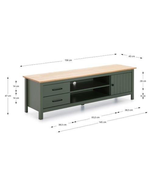 Mobile porta tv Miranda con 1 anta 2 cassetti e 2 vani a giorno in legno massiccio colore verde e top pino