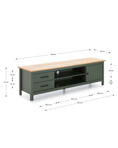 Mobile porta tv Miranda con 1 anta 2 cassetti e 2 vani a giorno in legno massiccio colore verde e top pino