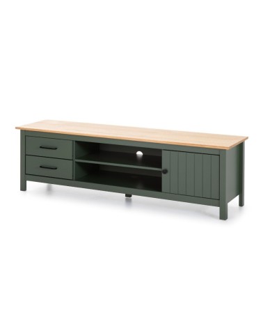 Mobile porta tv Miranda con 1 anta 2 cassetti e 2 vani a giorno in legno massiccio colore verde e top pino