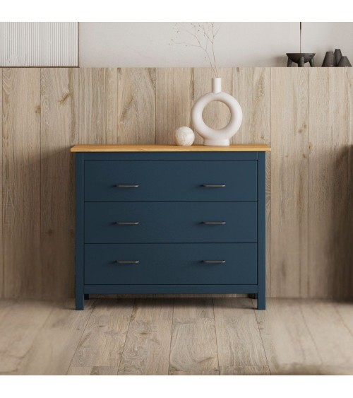 Comò Miranda 3 cassetti in legno massiccio blu e top pino