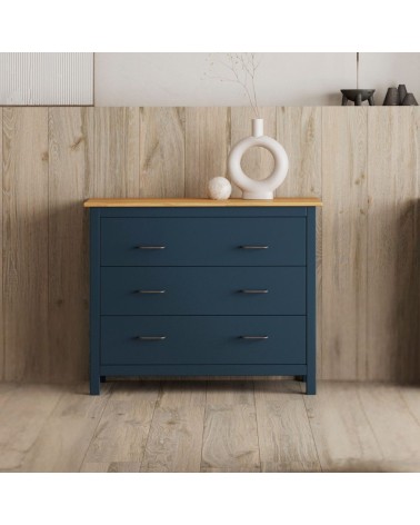 Comò Miranda 3 cassetti in legno massiccio blu e top pino