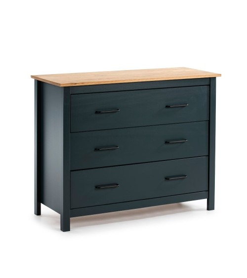 Comò Miranda 3 cassetti in legno massiccio blu e top pino