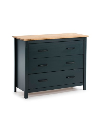 Comò Miranda 3 cassetti in legno massiccio blu e top pino
