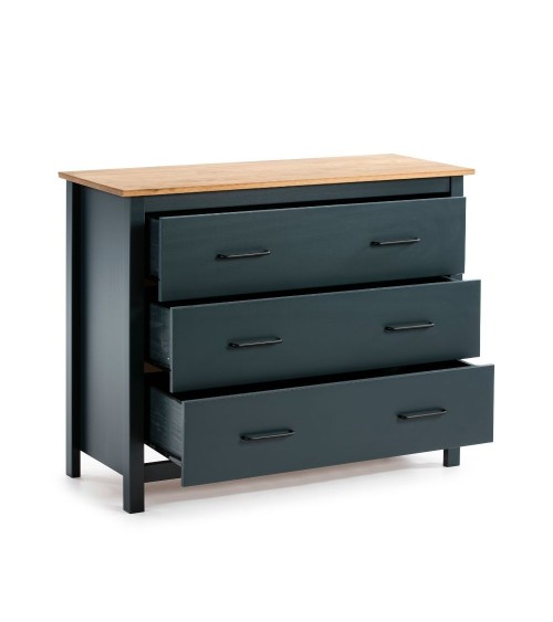Comò Miranda 3 cassetti in legno massiccio blu e top pino