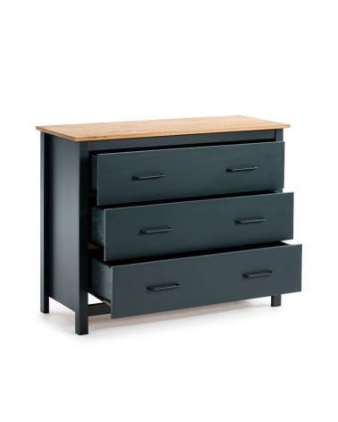 Comò Miranda 3 cassetti in legno massiccio blu e top pino