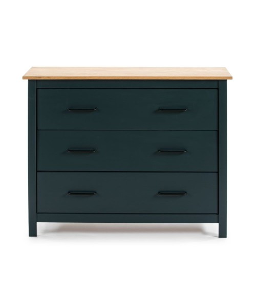 Comò Miranda 3 cassetti in legno massiccio blu e top pino