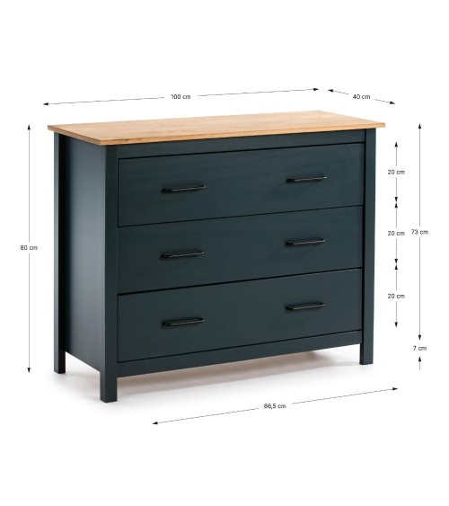 Comò Miranda 3 cassetti in legno massiccio blu e top pino