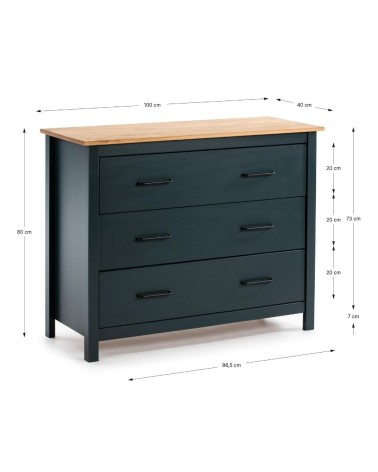 Comò Miranda 3 cassetti in legno massiccio blu e top pino
