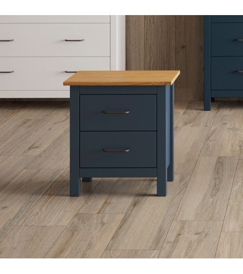 Comodino Miranda 2 cassetti in legno massiccio blu e top pino