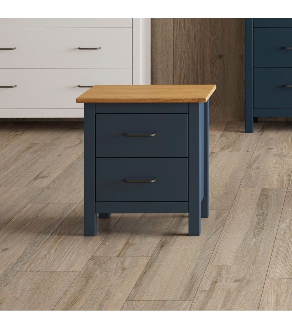 Comodino Miranda 2 cassetti in legno massiccio blu e top pino