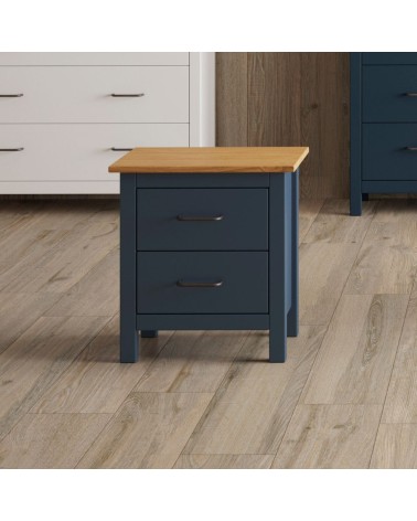 Comodino Miranda 2 cassetti in legno massiccio blu e top pino