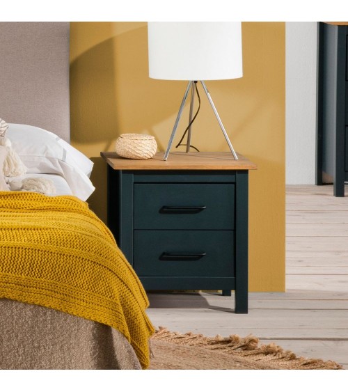 Comodino Miranda 2 cassetti in legno massiccio blu e top pino