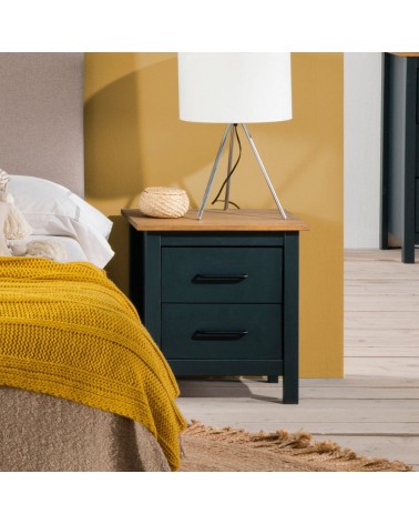 Comodino Miranda 2 cassetti in legno massiccio blu e top pino