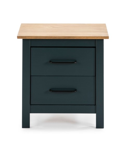 Comodino Miranda 2 cassetti in legno massiccio blu e top pino