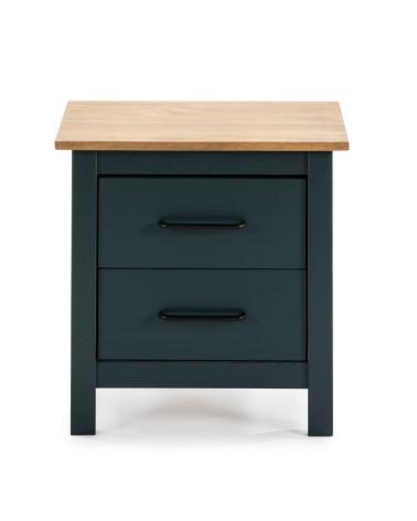 Comodino Miranda 2 cassetti in legno massiccio blu e top pino