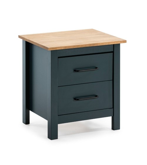 Comodino Miranda 2 cassetti in legno massiccio blu e top pino