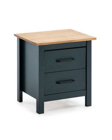 Comodino Miranda 2 cassetti in legno massiccio blu e top pino