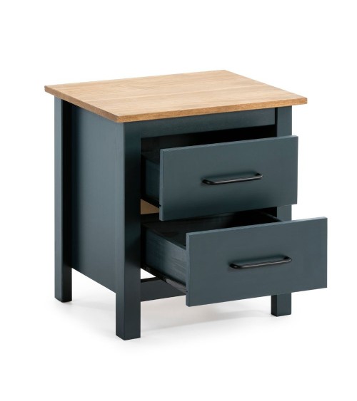 Comodino Miranda 2 cassetti in legno massiccio blu e top pino