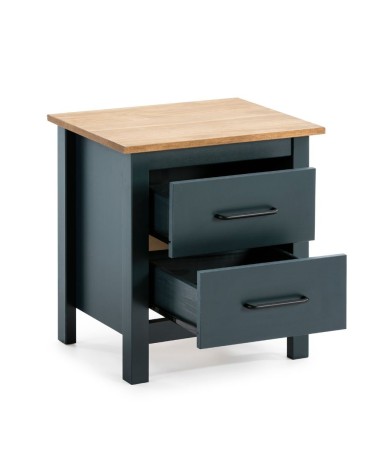 Comodino Miranda 2 cassetti in legno massiccio blu e top pino