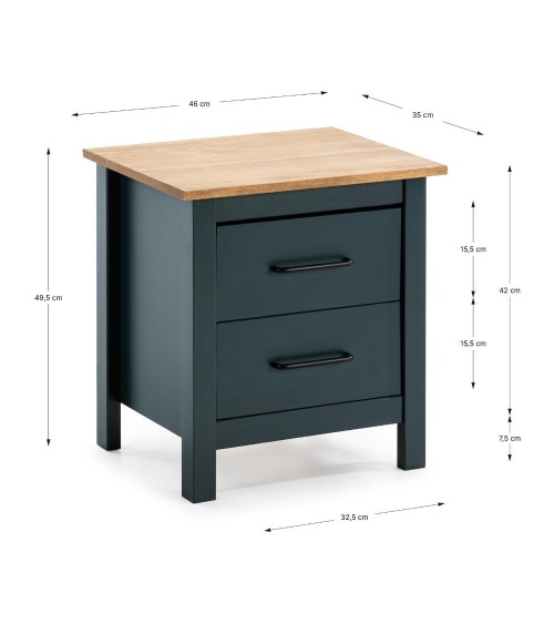 Comodino Miranda 2 cassetti in legno massiccio blu e top pino
