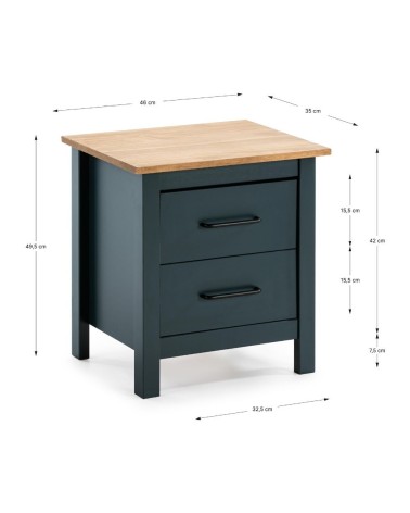 Comodino Miranda 2 cassetti in legno massiccio blu e top pino