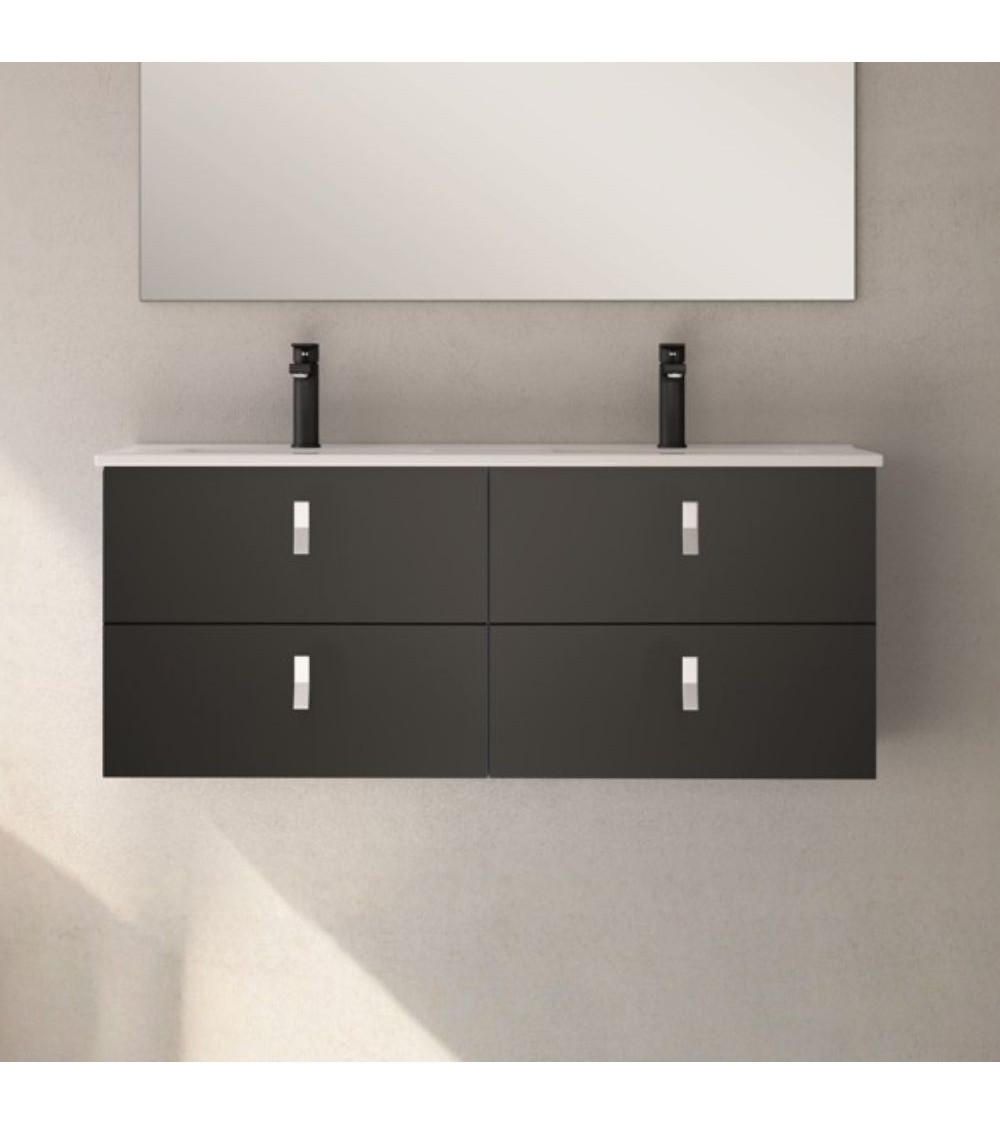 Mobile bagno sospeso Invicta con 4 cassetti colore nero con maniglie bianche 120x45x48 cm.