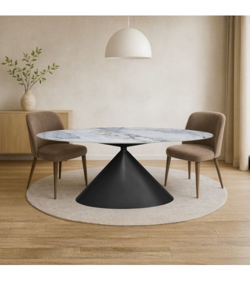 Tavolo ovale fisso Punto con piano effetto marmo con dettagli blu 200x80xH76 cm.