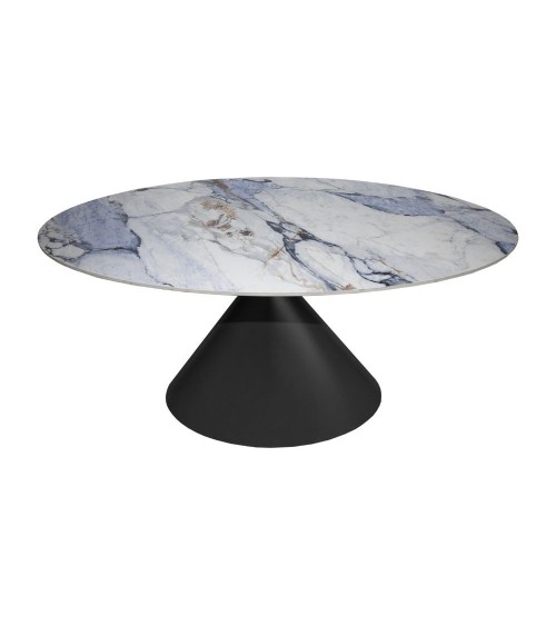 Tavolo ovale fisso Punto con piano effetto marmo con dettagli blu 200x80xH76 cm.