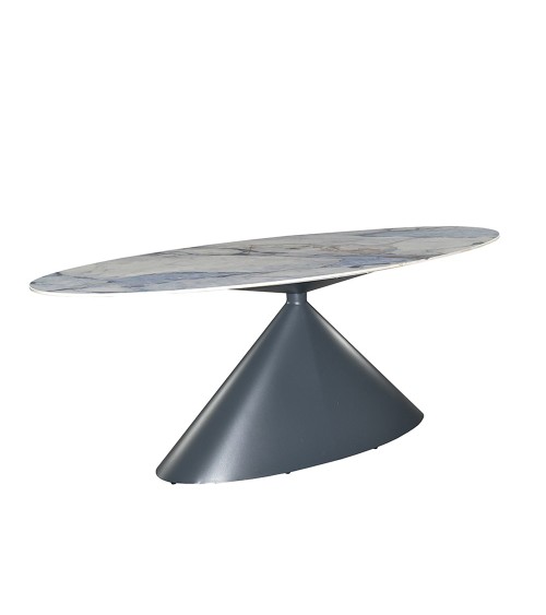 Tavolo ovale fisso Punto con piano effetto marmo con dettagli blu 200x80xH76 cm.