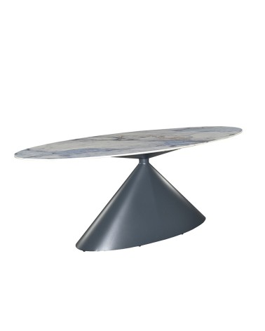 Tavolo ovale fisso Punto con piano effetto marmo con dettagli blu 200x80xH76 cm.