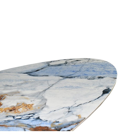 Tavolo ovale fisso Punto con piano effetto marmo con dettagli blu 200x80xH76 cm.