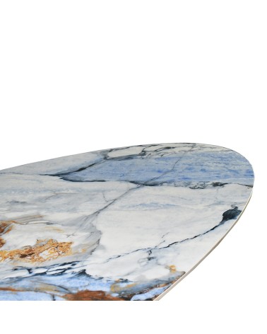 Tavolo ovale fisso Punto con piano effetto marmo con dettagli blu 200x80xH76 cm.