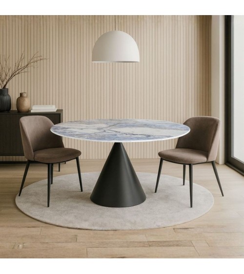 Tavolo fisso Punto con piano effetto marmo con dettagli blu D150xH76 cm.