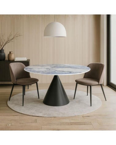 Tavolo fisso Punto con piano effetto marmo con dettagli blu D150xH76 cm.
