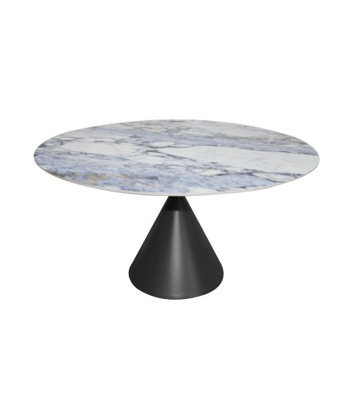 Tavolo fisso Punto con piano effetto marmo con dettagli blu D150xH76 cm.