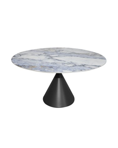 Tavolo fisso Punto con piano effetto marmo con dettagli blu D150xH76 cm.