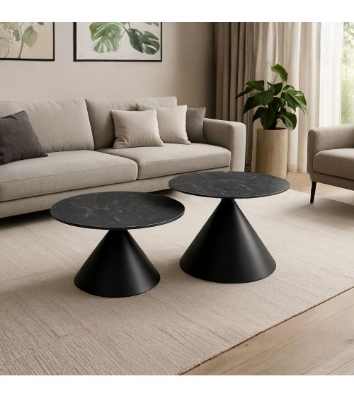 Set 2 tavolini da salotto basso Punto con piano effetto marmo nero e gambe in metallo nero
