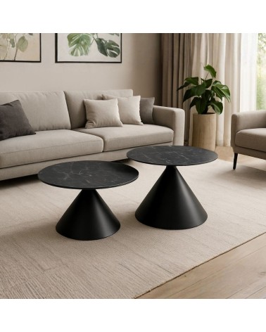 Set 2 tavolini da salotto basso Punto con piano effetto marmo nero e gambe in metallo nero