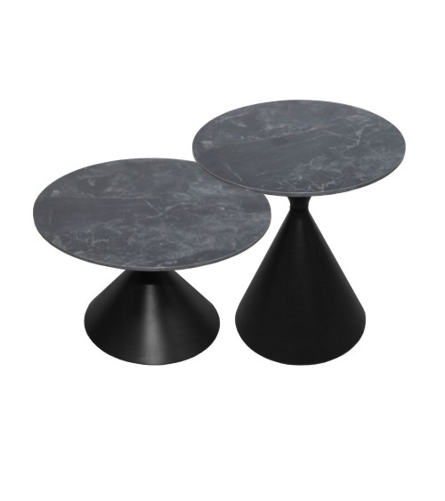 Set 2 tavolini da salotto basso Punto con piano effetto marmo nero e gambe in metallo nero