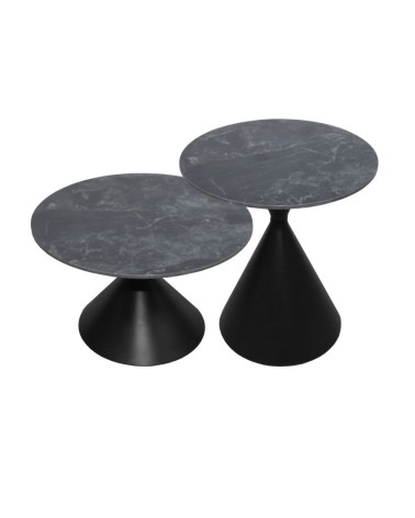 Set 2 tavolini da salotto basso Punto con piano effetto marmo nero e gambe in metallo nero