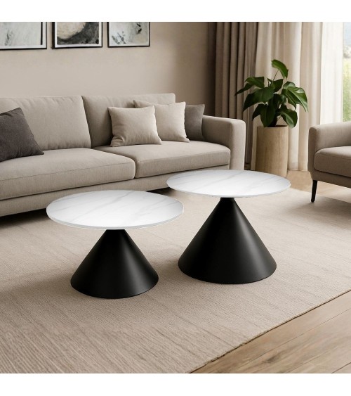Set 2 tavolini da salotto basso Punto con piano effetto marmo bianco e gambe in metallo nero