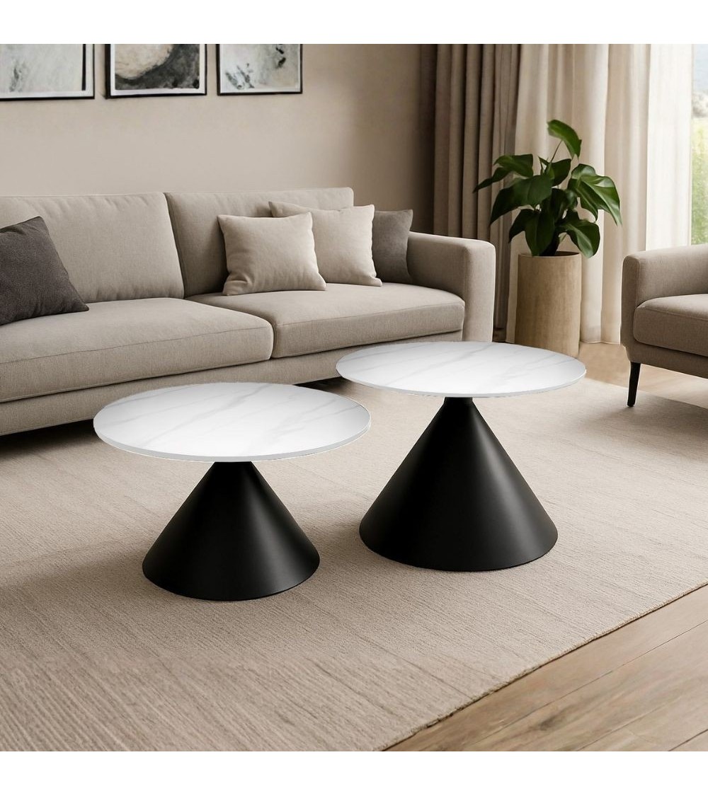 Set 2 tavolini da salotto basso Punto con piano effetto marmo bianco e gambe in metallo nero