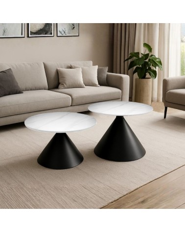 Set 2 tavolini da salotto basso Punto con piano effetto marmo bianco e gambe in metallo nero